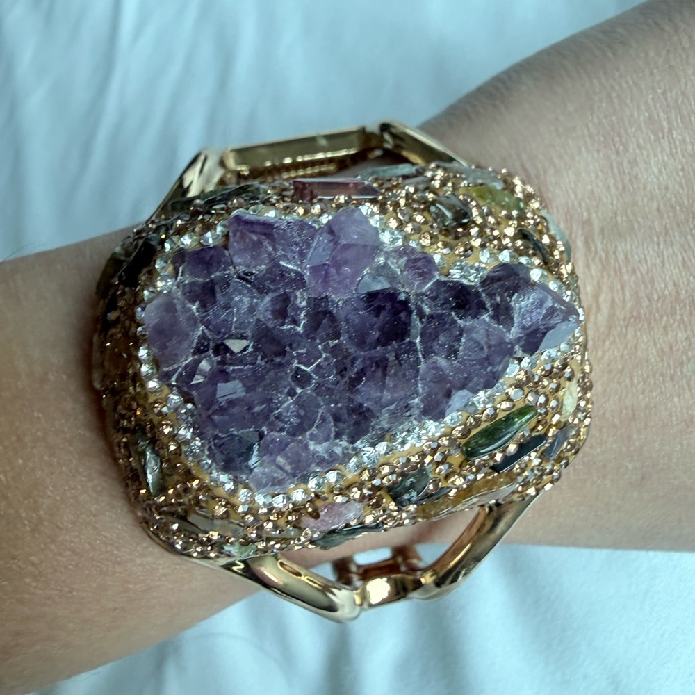 Gold-Tone Amethyst Cluster Statement Cuff Bracelet